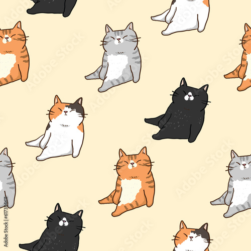 Fototapeta Naklejka Na Ścianę i Meble -  Seamless Pattern with Cartoon Cat Design on Light Yellow Background