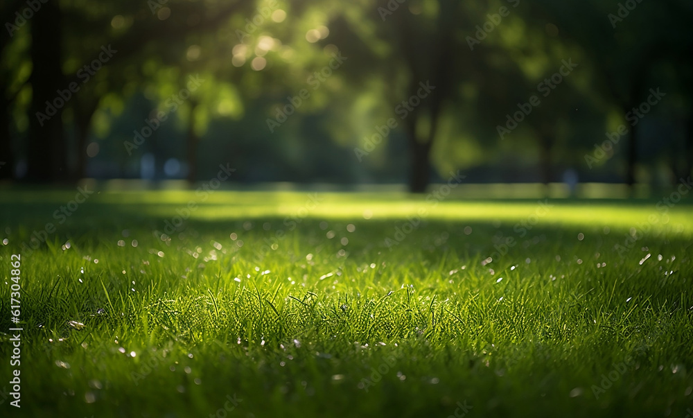 Green grass with dew drops in the park, soft focus background