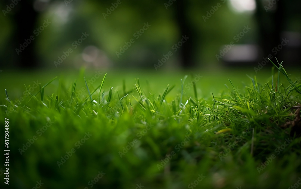Green grass in the park. Selective focus and shallow depth of field. Generative AI Green grass in the park. Selective focus and shallow depth of field. Generative AI