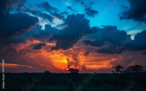 Colorful dramatic sky with cloud at sunset. panoramic view, Generative AI