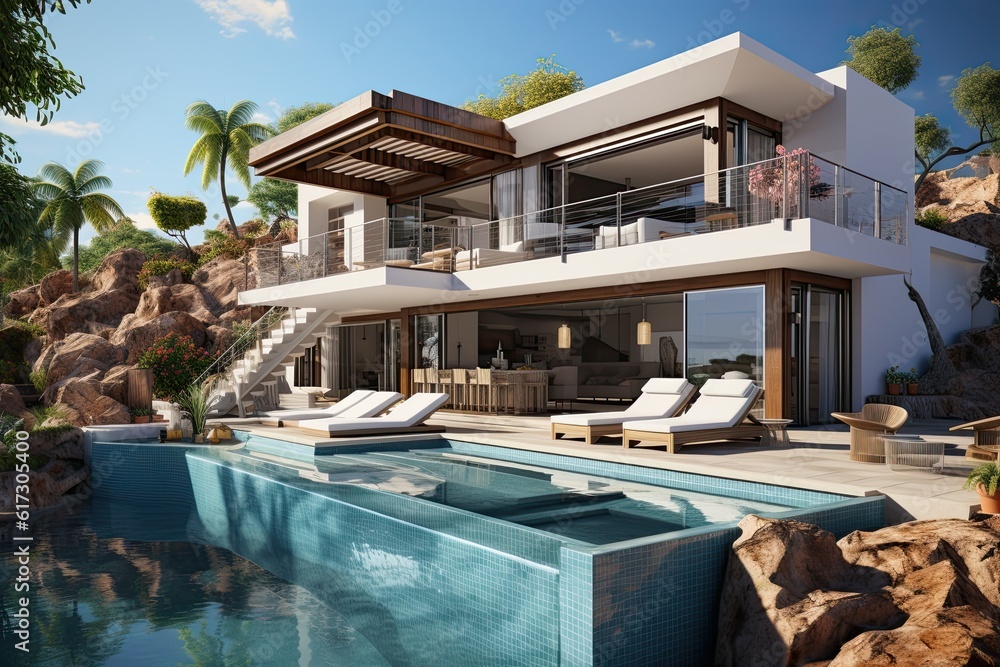 3d rendering of a luxury villa with swimming pool and beach