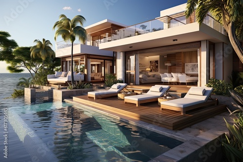 3d rendering of a luxury villa with swimming pool and beach © ttonaorh