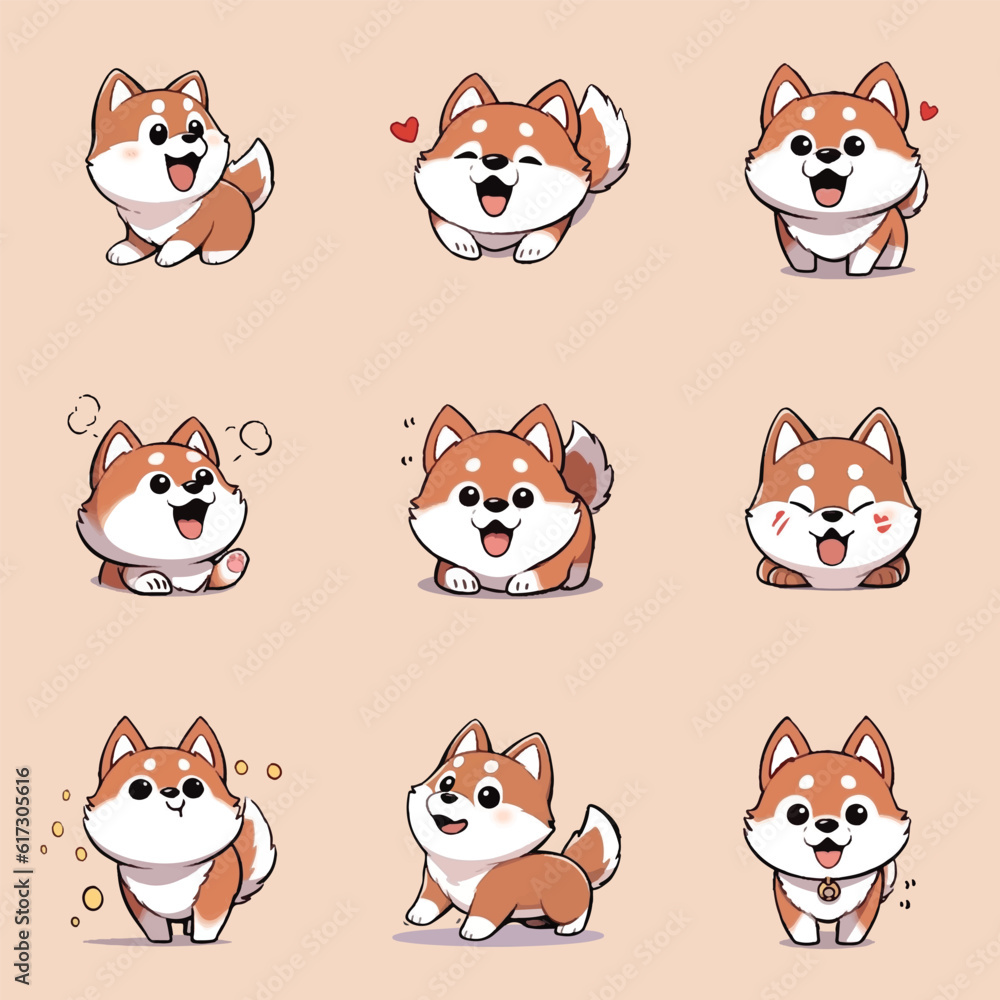 Cute shiba inu dog hand drawn cartoon vector icon illustration collection set Cute shiba inu dog hand drawn cartoon vector icon illustration collection set