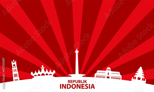 Indonesia Landmarks vector illustration. gadang clock, siger tower. Monas, Gedung Sate, Bali