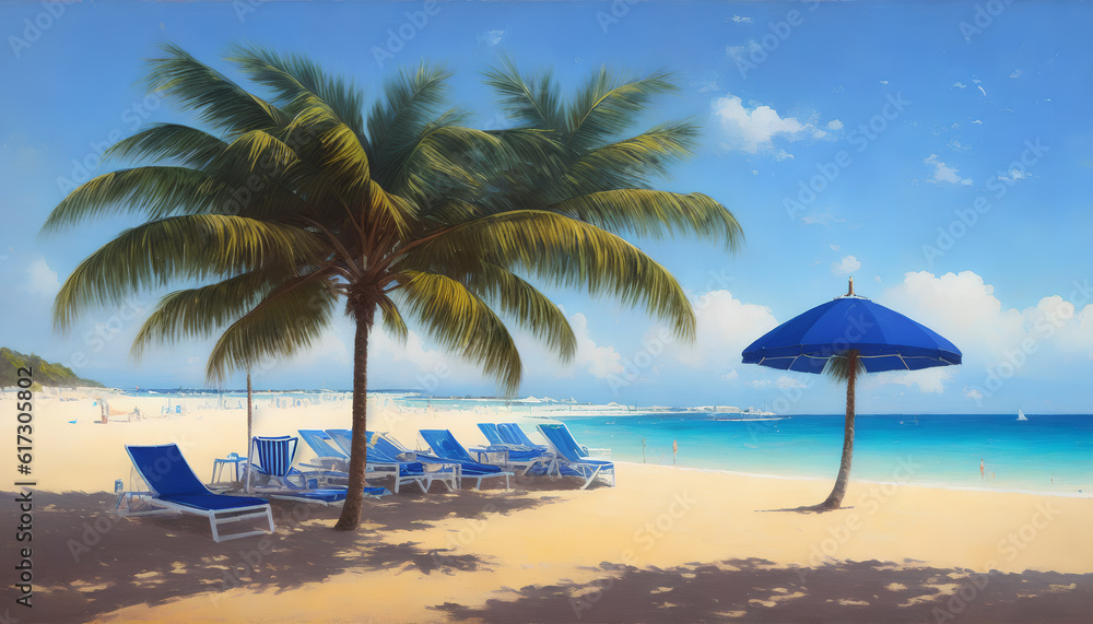 Beach loungers on a sunny day at the beach. In the background, the ocean. Beautiful weather. Generative AI. Beach loungers on a sunny day at the beach. In the background, the ocean. Beautiful weather. Generative AI.