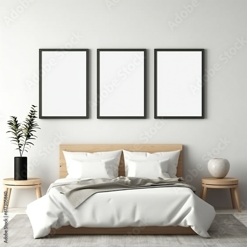 Template Frame Art print Mock up blank white photo frames in modern minimal bedroom interior Generative AI 