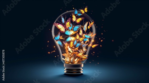 Vászonkép A creative idea illustrated by butterflies emerging from a light bulb, Generativ