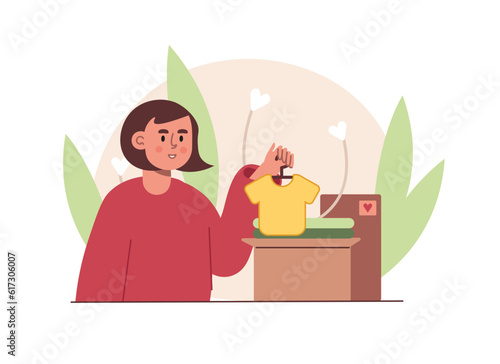Female character donates clothes to charity. Woman gives things for secondary use. Reasonable attitude to consumption. Volunteer activity. Charity and financial support