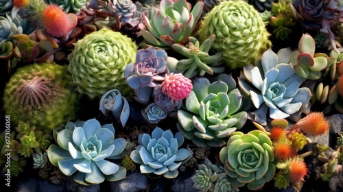 A various succulent plants with unique shapes and textures. AI generated