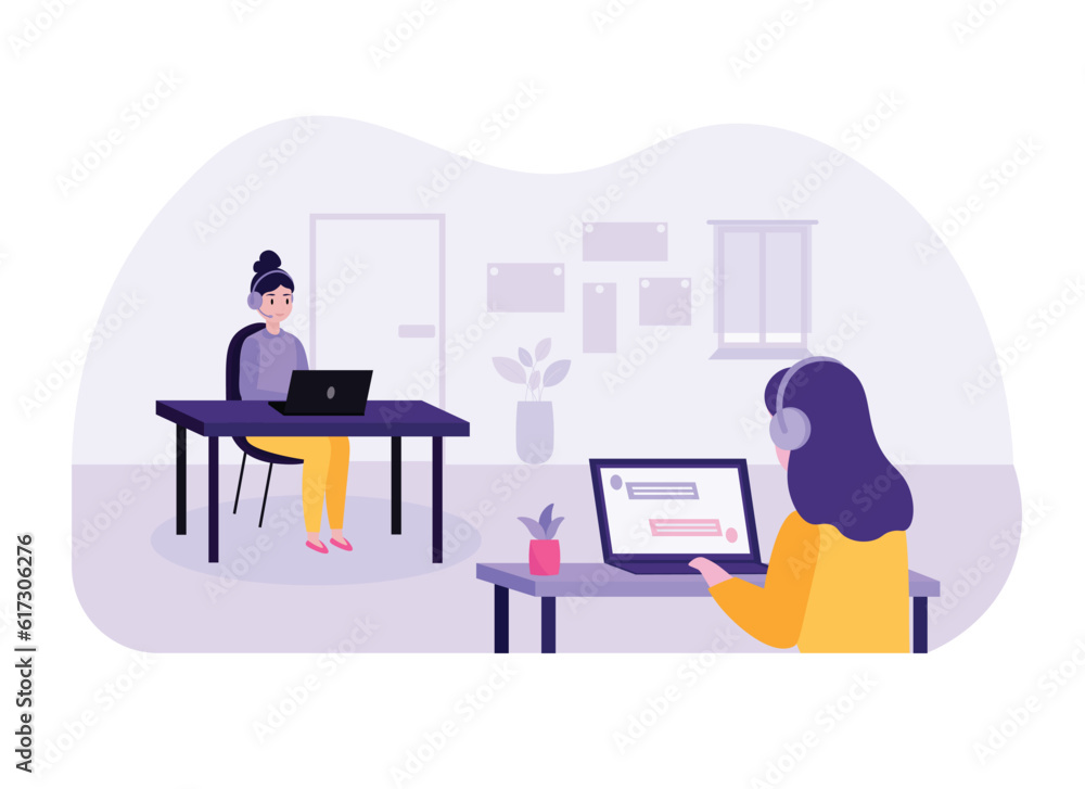 Cartoon colleagues work as operators sitting at computers. Call center service representatives. Process of hotline operators helping clients. Vector illustration Cartoon colleagues work as operators sitting at computers. Call center service representatives. Process of hotline operators helping clients. Vector illustration