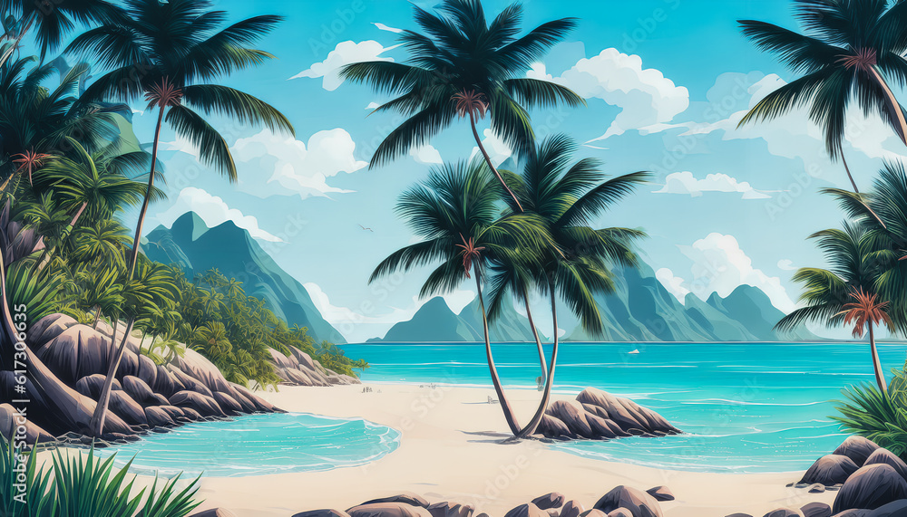 Beautiful vacation landscape with palms, ocean, and blue sky. generative AI.