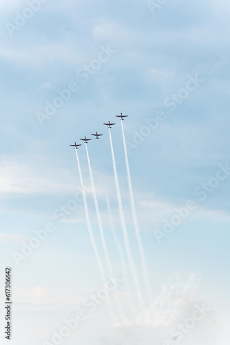 A group of aerobatic planes flies high in the sky