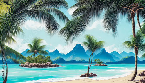 Beautiful vacation landscape with palms, ocean, and blue sky. generative AI. © 4K_Heaven