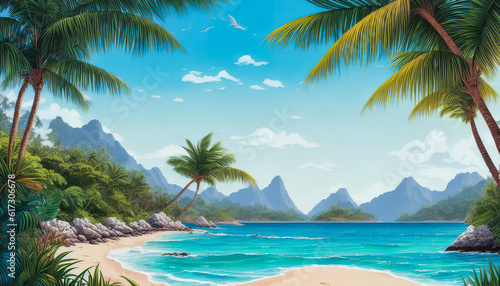 Beautiful vacation landscape with palms  ocean  and blue sky. generative AI.