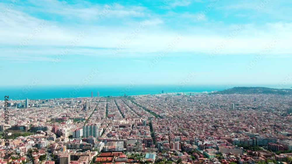 Aerial cityscape view of Barcelona and the sea on a sunny summer day in Barcelona Spain
