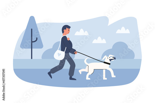 Cartoon guy walks his dog on leash outside. Young people volunteering when helping pets. Giving support for domestic animals. Social active youth. Charity and donations for dogs. Vector