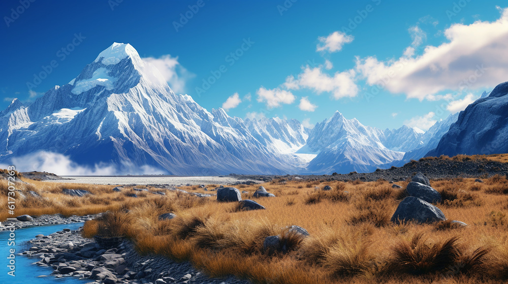 Beautiful Nature Landscape of Tasman Mountain with River and Savanna on a Bright Blue Sky