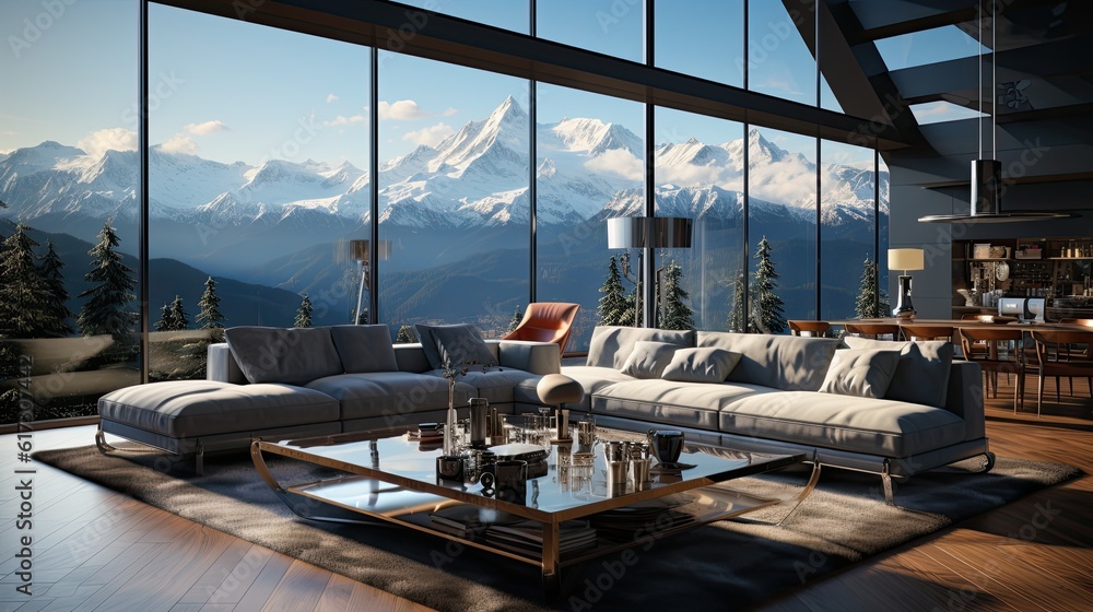 3D rendering of a modern living room with a mountain view 3D rendering of a modern living room with a mountain view