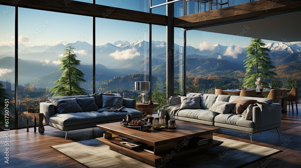 3D rendering of a modern living room with a mountain view