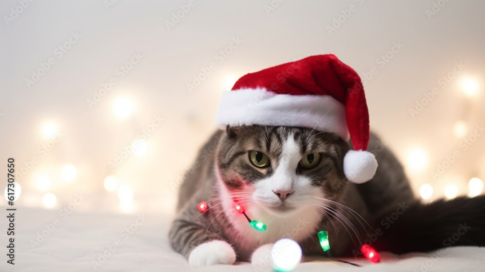 A cute grey and white cat wearing a santa hat A cute grey and white cat wearing a santa hat