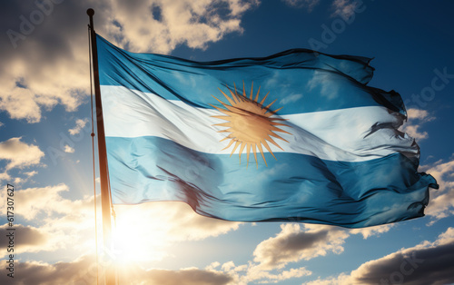 The Argentine flag is fluttering in a clear sky.