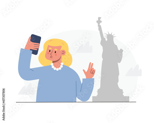 Cartoon blonde girl tourist taking selfies against statue of liberty. Visiting sightseeing during holidays. Time for traveling abroad. Vector flat style illustration