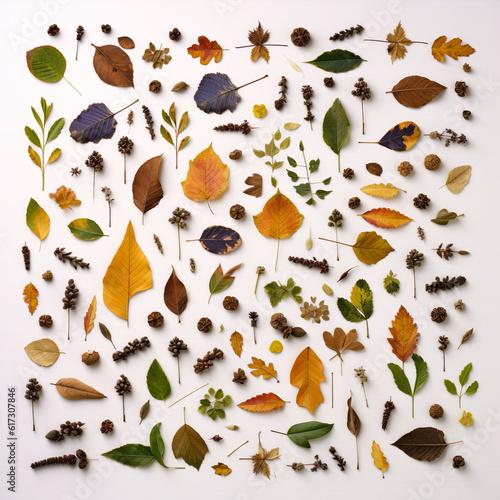 Autumn flat lay concept, fallen leaves of warm red and yellow colors, nuts and mammals. Rainy background with fall elements. Illustration. Generative AI.