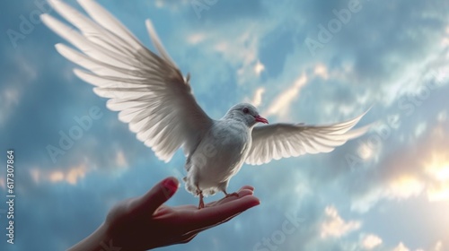A hand releasing a bird into the sky, Generative AI.