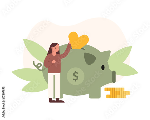 Female character donates money to charity. Collection of money for charity fund. Volunteer work with finances. Humanitarian aid organization. Donations in piggy bank