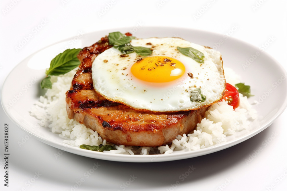 Pork chop basil with rice and fried egg, ultra hd white background