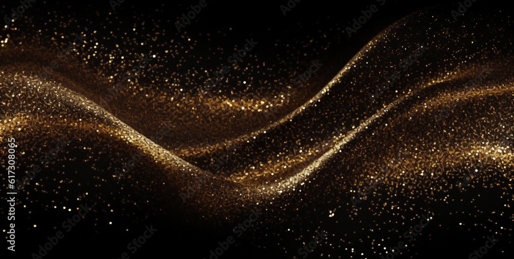 wave of golden particles on black. Generative Ai. wave of golden particles on black. Generative Ai.