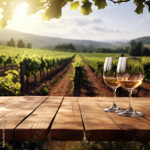 Two glasses of wine standing on a wooden table against the backdrop of a vineyard on a sunny day. Generative Ai. 