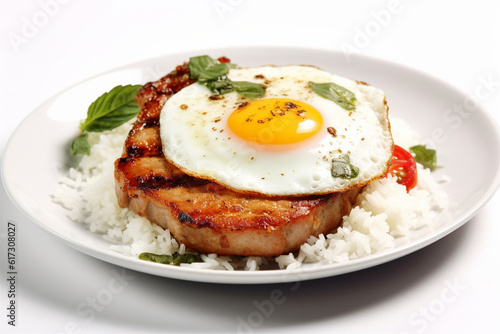 Pork chop basil with rice and fried egg  ultra hd white background