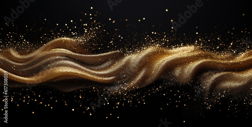 Christmas background with golden waves from golden particles on a black background. Generative Ai. 
