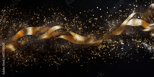 golden wave with particles departing from it on a black background. Generative Ai. 