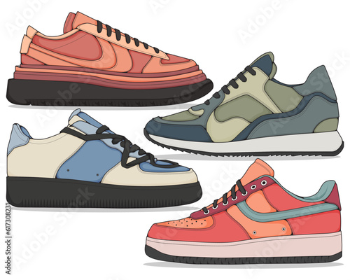 Set of sneakers illustration in colorful drawings, sneakers vector line art isolated, bundling shoe illustration template.