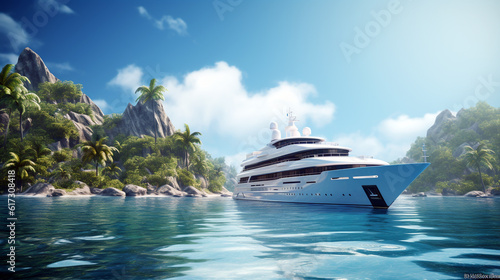 luxury yacht in a tropical bay. Generative Ai.  © PETR BABKIN