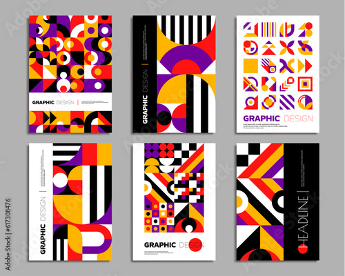 Bauhaus posters. Geometric abstract background patterns. Vector cover templates with abstract geometry, retro minimal shapes, forms, lines in vibrant color for exhibit art, magazine, journal, album