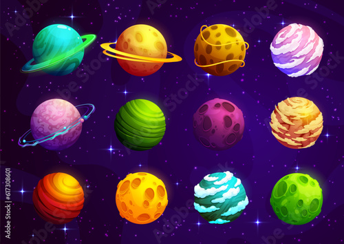 Cartoon aline fantasy space planets of galaxy world game, vector elements. Space asteroids and stars, earth and moon planets with craters, galaxy universe or cosmos satellite planets with saturn rings