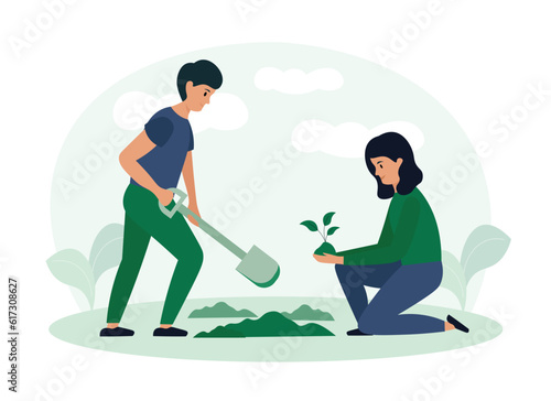 Cartoon couple of activists planting plants in ground. People taking care of nature. Characters living in eco green city. Social charity activities. Volunteers working together. Vector