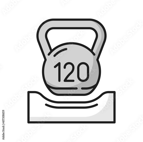 Maximum weight limit up to 120kg sign on bed orthopedic memory mattress. Vector mat weight recommendation per person. Mattress and kettlebell thin line