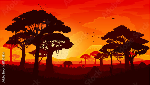 African savannah sunset landscape  scenery silhouette background  cartoon vector. Africa nature  safari savanna landscape with wild animals  elephant and giraffe on Kilimanjaro sunset panorama
