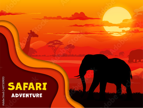 African paper cut banner with safari animals silhouettes on sunset landscape. Scenery savanna nature background with vector elephant, giraffe and hippo, acacia trees, mountains, orange sky and clouds