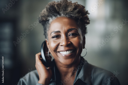 A portrait of a cheerful young African-American woman working as a call center operator, wearing headphones. Generative AI