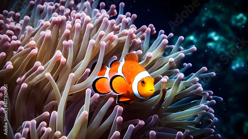 Nemo fish among coral reefs. Marine  environment. AI generated © May Thawtar