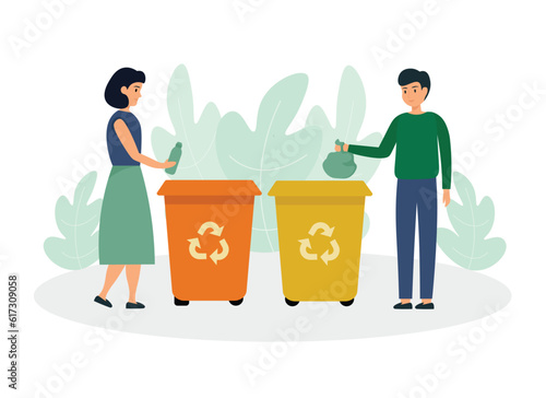 Cartoon couple sorts trash by throwing it in different containers. Different young people taking care of nature. Social charity activities. Volunteers working together. Vector