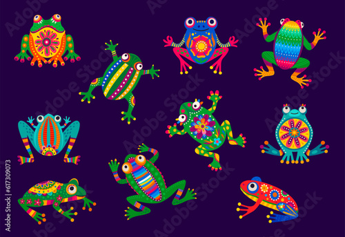 Mexican frogs, cartoon water animal character with vector folk pattern of Mexico. Alebrije frogs set with traditional bright color ornament of tropical flowers, green leaves and geometric motif photo