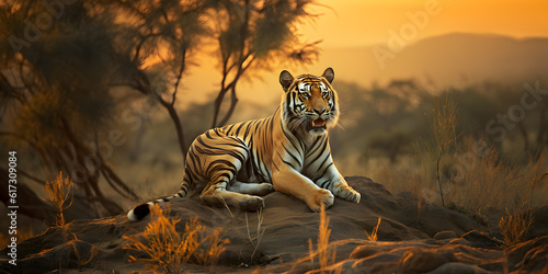 Tiger in the jungle at sunset. AI generated © May Thawtar