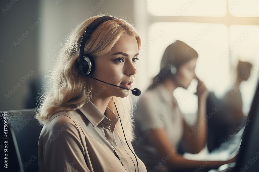 Customer service blonde woman working at a phone call center Customer service blonde woman working at a phone call center
