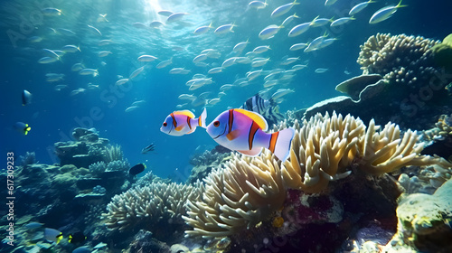 Sea fish among coral reefs. Marine  environment. AI generated